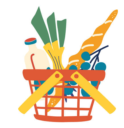 Red plastic shopping basket full of groceries. Supermarket or local store. Food shopping basket with natural and organic food. Flat vector icon.のイラスト素材
