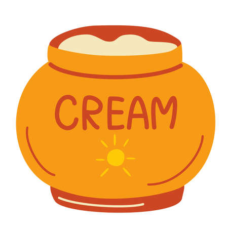 Jar with sunscreen. Cream in an open jar. Cosmetics. Face and body care products. Spf cream jar icon. Vector object in cartoon style.のイラスト素材