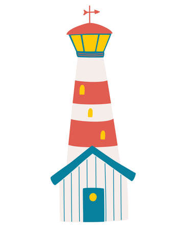 Cartoon lighthouse. Nautical lighthouse sea navigation beacon isolated navy guidance equipment. Nursery art. Beacon icon. Vector Illustration.のイラスト素材