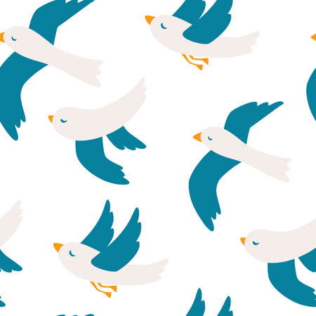 Seamless pattern with seagulls. Cute seagull bird seamless pattern. Flying birds pattern. Summer...