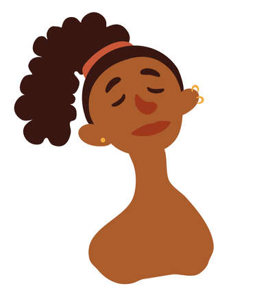 Portrait cute African woman with curly hair. Avatar of a dark-skinned girl. Afro woman portrait with stylish haircut and earrings in her ears. Cartoon flat style vector.のイラスト素材