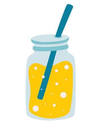 Glass jar with lemonade. Hand drawn lemonade juice icon. Fresh fruits. Refreshing cocktail. Summer drink. Vector illustration in cartoon styleのイラスト素材