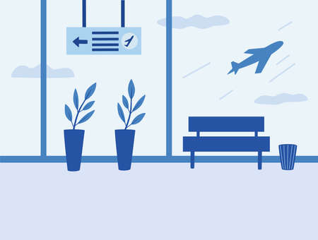 Airport interior. Waiting room, departure hall, airport terminal. View of the airfield terminal hall on airplanes. Flat style vector illustration.のイラスト素材