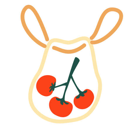Fresh tomatoes in grocery net bag. Modern shopper with fresh organic toatoes from local market. No plastic bag pollution concept. Go green, no plastic. Cartoon flat style. Vector illustration.のイラスト素材