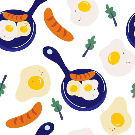 Seamless pattern with scrambled eggs. Vector morning breakfast seamless pattern with frying pan with eggs, sausage and lettuce leaves. Omelet, scrambled eggs. Breakfast food. Cartoon illustration.のイラスト素材