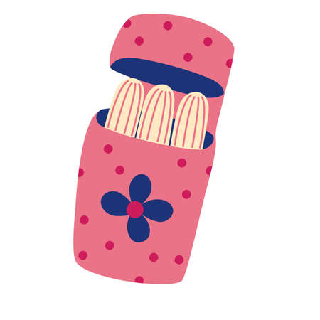 Women hygienic tampons. Tampons sealed in cute plastic packaging. Flat design cartoon style illustration feminine hygiene products. Lady pink tampons.のイラスト素材