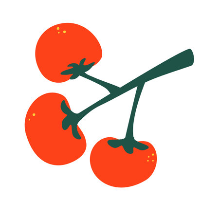 Ripe tomatoes on a branch. Set of red tomatoes. Set with hand drawn colorful doodle vegetables. Vector illustrations.のイラスト素材