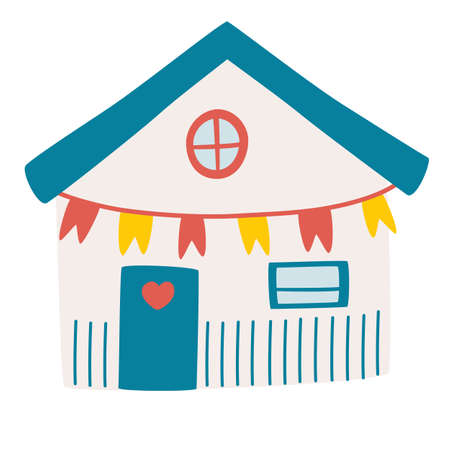 Cute beach hut. Fisherman house. Shack facade. Concept of summer vacation in surfhouse. Beach cabin with flag. Vector illustration in a flat style.のイラスト素材