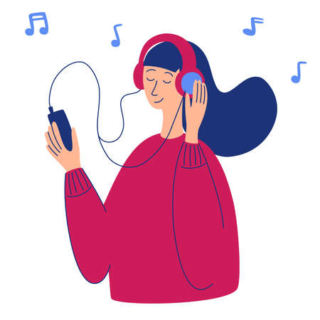Vector cartoon illustration of young pretty woman in headphones listening music. Music lover relaxing when enjoying her favorite song. Woman character holding smartphone in her hand. Radio, podcast.のイラスト素材