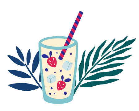 Tropical cocktail with strawberry and ice. Create Palm Leaf. Summer drink in tall glass with straws. Vector illustration of soft drink. Modern bar menu cover, flyer design.のイラスト素材