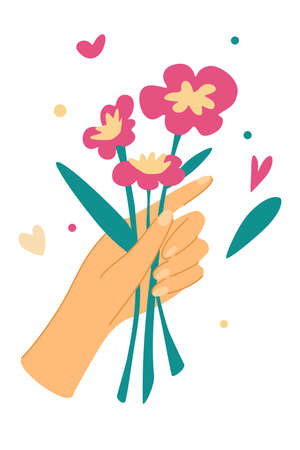 Elegant female hands holding flowers. Cut flowers. Decorative bouquet, floristic composition with leaves and flourishing. Romantic gift for valentines or mothers day. Vector illustrationのイラスト素材