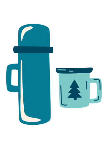 Camping flask and enameled mug. Travel set with flask. Take away coffee or tea. Winter or camping traditional warming drink. Hiking hot beverage or tea flask icons. Flat vector illustration.のイラスト素材
