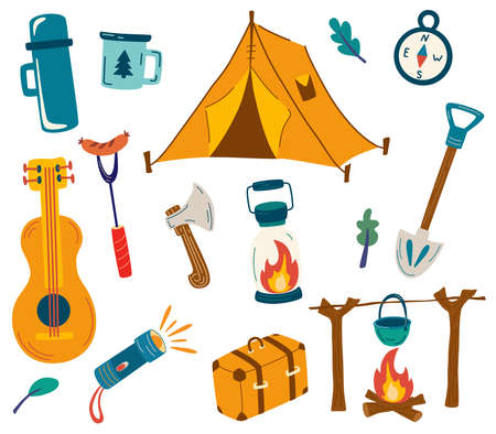 Set of camping items. Big set of tourist items for vacation. Luggage icons for travel and hike. Collection of objects and accessories for outdoor recreation. Outdoor activity. Summer recreation.のイラスト素材
