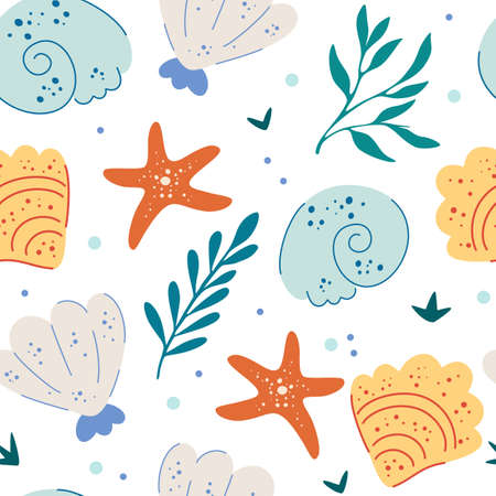 Sea shells and starfish seamless pattern. Cute ocean background. Fun underwater background, great for ocean themes, beach fabrics, summer textiles or background, wallpapers. Flat vector illustrationのイラスト素材