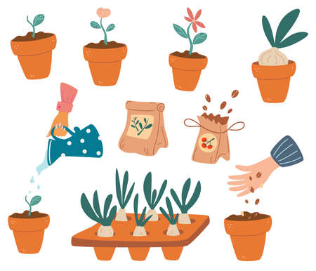Garden work elements set. Bundle of equipment for agricultural work, plant cultivation or transplantation, work in garden. Hands holding young plants. Images for gardener farm, flower store. Vectorのイラスト素材