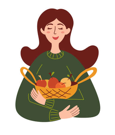 Beautiful girl with a basket of apples. Harvest season, healthy food, concept farm products. Girl farmer holds fruits in a basket. Vector illustration in cartoon flat style.のイラスト素材