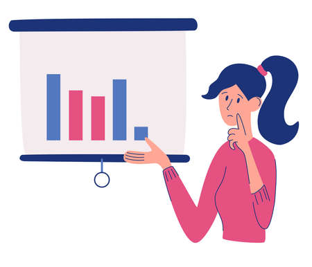 Financial analysis concept. A pensive girl stands against the background of tables and graphs. Work with statistics and business anatytics. Woman thinks over the next move. Flat Vector illustration.のイラスト素材
