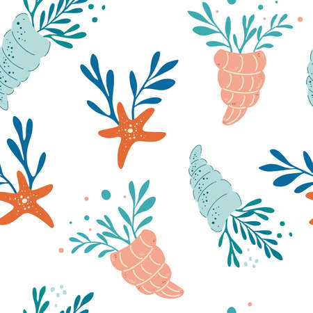Seamless pattern with seashells algae and starfish. Vector seamless sea pattern. Seashells, corals,...
