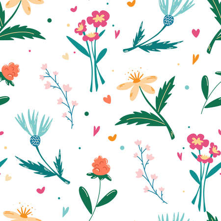 Seamless pattern with wildflowers. Meadow flowers. Floral background. Cartoon design for paper, cover, fabric, interior decor and other users. Ditsy print. Spring bouquet. Vector illustration.のイラスト素材