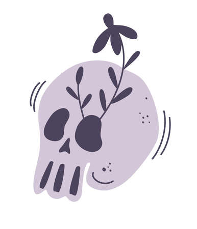 Floral blooming skull. Human skull and wreath of flowers. Illustration for medicine, print, tatoo, halloween decoration. Flowering branches sprouted from the sockets of the skull. Vector illustrationのイラスト素材