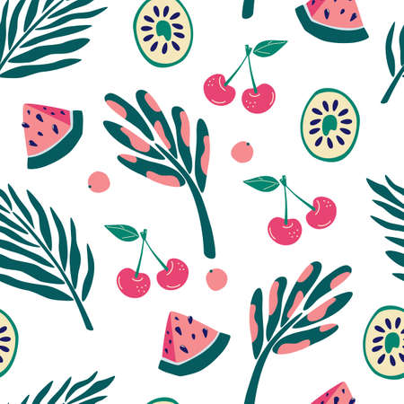 Exotic jungle fruits and plants seamless pattern. Kiwi, watermelon slices, cherries and berries. Contemporary floral seamless pattern. Textile fabric swimwear graphic design for print.のイラスト素材