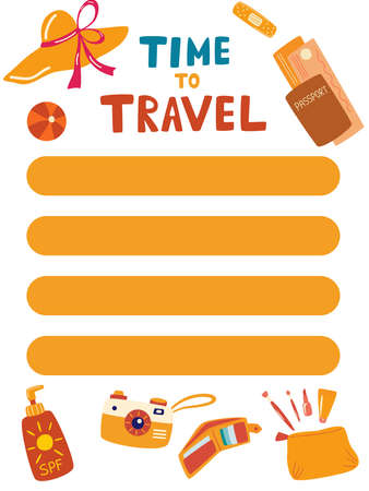 Summer planner template. Time to travel. Good organizer and schedule. List of items or purchases. Summer wish, to do list. Trendy holiday concept. Vector illustration in cartoon style.のイラスト素材