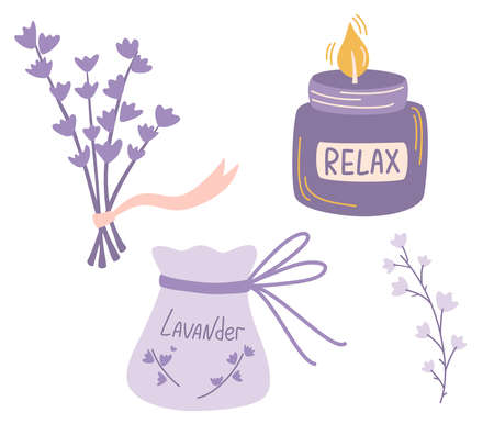 Lavender set of different elements. Sachet with lavender and aroma candle. Medicinal plants bouquet.のイラスト素材
