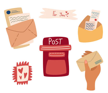 Set of mail items. Postal service. Letter Box, postal envelopes and letters stamps, hand with envelope. Communication elements. Flat vector illustration.のイラスト素材