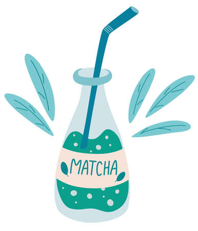 Bottle of matcha tea. Glass bottle full of green matcha drink. Traditional natural Asian beverage. Refreshing Japanese iced tea or coffee with straw. The Bubble Tea. Health drink. Vectorのイラスト素材