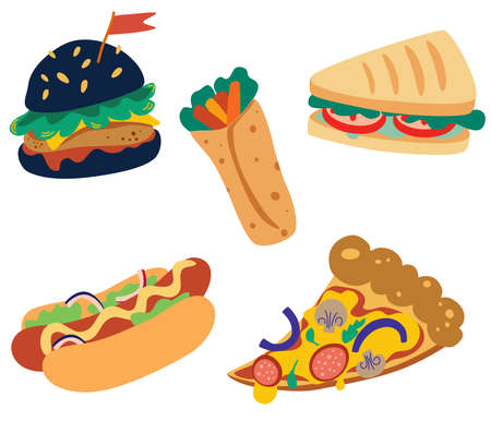 Junk street food set. Burger, hamburger, pizza, sandwich, burrito and hot dog. Traditional takeaway food in chain fast food cafes. High calorie. Vector illustration isolated on a white backgroundのイラスト素材