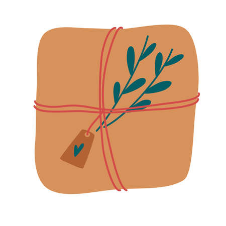 Wrapped gift box. Paper box with a gift tied with a ribbon with a tag and twigs. No plastic. Christmas, New Year and birthday gift. Sale shopping concept. Parcel. Vector flat illustrationのイラスト素材