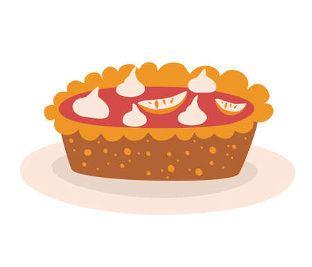 Pumpkin pie. Tasty pie with whipped cream on a plate. Thanksgiving dinner. Traditional autumn cake. Vector illustration isolated on a white background.のイラスト素材