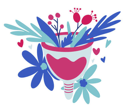 Menstrual cup with flowers. Zero waste concept. Women period. Intimate hygiene. Eco protection for woman in critical days. Vector illustration on white background.のイラスト素材