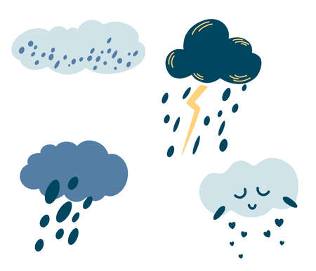 Set of cartoon clouds. Cute weather icons. Clouds with rain, hail, snow, lightning, and cute face.のイラスト素材