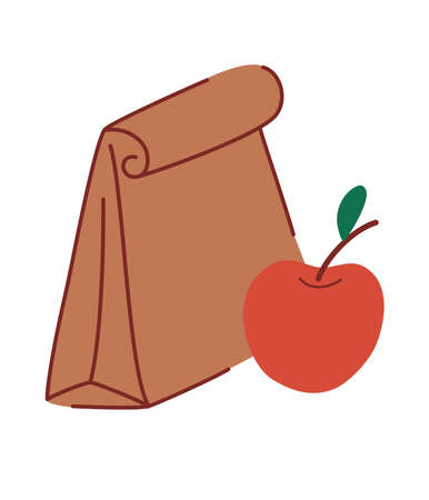 Lunch for school. Paper bag with food and an apple. Lunch box for children. Take it with you. Recycle brown paper bag. Flat vector illustration isolated on white background.のイラスト素材