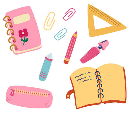 School supplies and items. Office supplies: notepad, book, pencil, case, pencil, paper, clips, ruler, marker, chalk. Accessories for the workspace for education. Back to school. Vector illustrationのイラスト素材