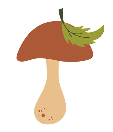 Mushroom with a leaf. Autumn mood. Forest mushroom. For printing, posters, textbooks, recipes, postcards and the web. Symbol, icon, vector illustration, botanical elements.のイラスト素材