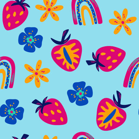 Seamless pattern with bright juicy strawberries. Flowers, arcs and slices of strawberry fruit background. Blossom strawberry. Print for packaging, fabrics, wallpapers, textiles. Vector illustration.のイラスト素材