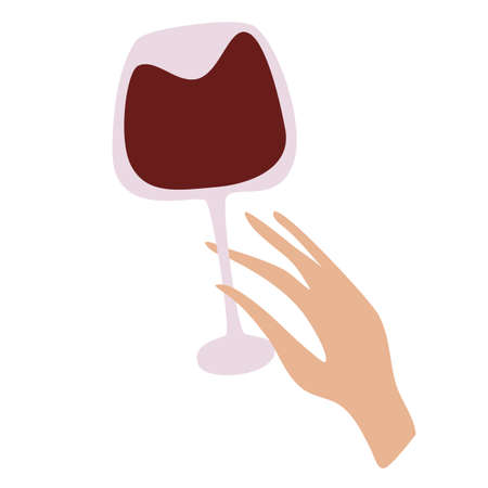 Female hand holding glass of red wine. Alcohol drink. Concept of wine lover. Side view. for menu, cafe, restaurant, apparel print design, decoration typography poster. Vector illustrationのイラスト素材
