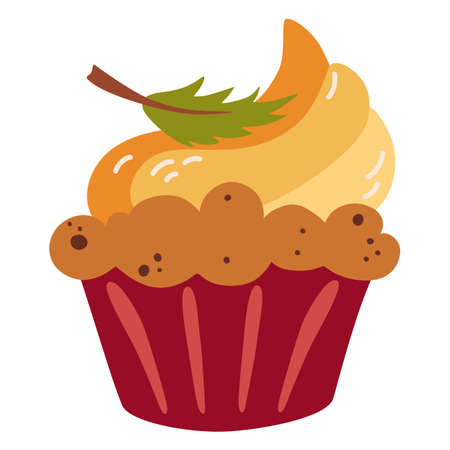 Pumpkin muffin. Fall season dessert. Homemade holiday baked goods. Muffins with cheese cream and autumn decor. traditional Thanksgiving Day dessert. Vector illustration in flat cartoon style.のイラスト素材