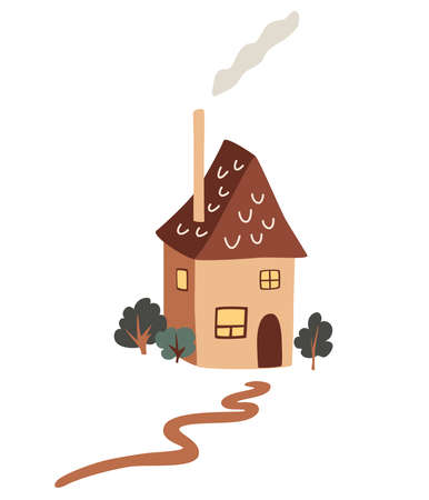 Cute little country house. Village cottage among trees. Exterior of home with chimney and smoke. Colorful cozy building. Childish flat vector illustration isolated on white background.のイラスト素材