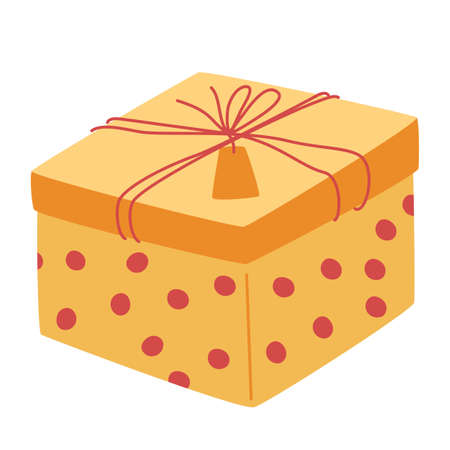 Gift box. Polka dot box with a bow and a tag. Perfect for birthday, holiday, Christmas, New Year cards, banners, sale concepts. Vector illustration in flat cartoon style isolated on white background.のイラスト素材