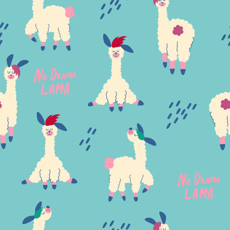 Seamless pattern with llamas. Nursery Creative children texture. Cartoon Llama Alpaca. No drama lama. Great for fabric, textile. Vector illustrationのイラスト素材