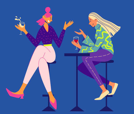 Two young girls talking and drinking in a cafe. Two Smiling Girls Sitting in Armchairs and Chatting. Female friendship. Meeting. Spending Time Together. Vector flat illustration.のイラスト素材