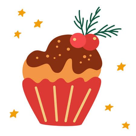 Christmas cupcake. Cute winter sweet food. Christmas and New Year Muffin. winter dessert with berries cream and twigs. Cartoon vector illustration isolated on white background.のイラスト素材