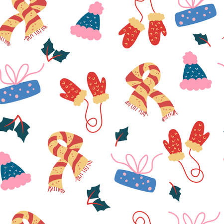 Seamless pattern with winter clothing. Scarf, mittens and hat. Cozy warm seasonal clothing. Christmas background. Gift wrapping paper. Perfect for fabric, textile, wallpaper, paper, wrapping or card.のイラスト素材