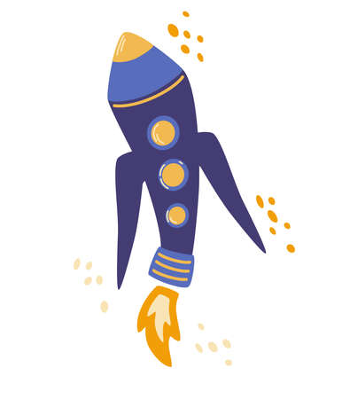 Cartoon space rocket. Spaceship startup sign. Spacecraft symbol. Design element for poster, card, banner, sign. Space. Flat vector illustration isolated on white background.のイラスト素材