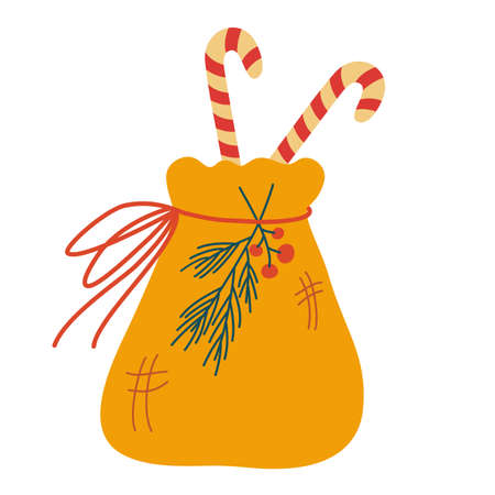 Santa Claus sack with traditional christmas sweets. Christmas sugar lollipop striped stick. Merry Christmas and Happy New Year mood. Gift. Holiday decor. Vector illustration isolatedのイラスト素材