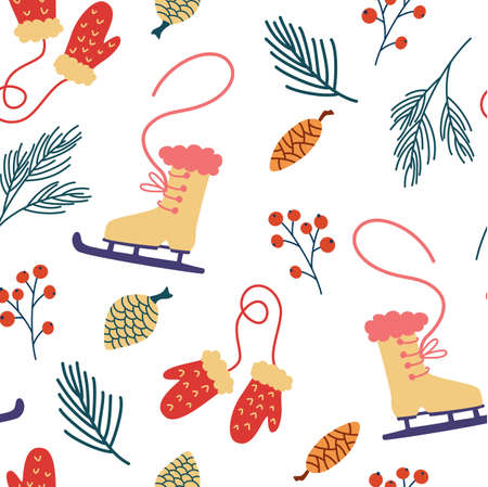 Seamless pattern with skates and mittens. Winter activities background. New year and Christmas...