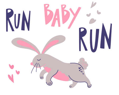 Cute rabbit is running. Run, baby, run! Hand Draw gray bunny.Cute baby phrase, print on the wall, nursery room interior decoration, kids clothes and t-shirts. Vector cartoon illustration.のイラスト素材